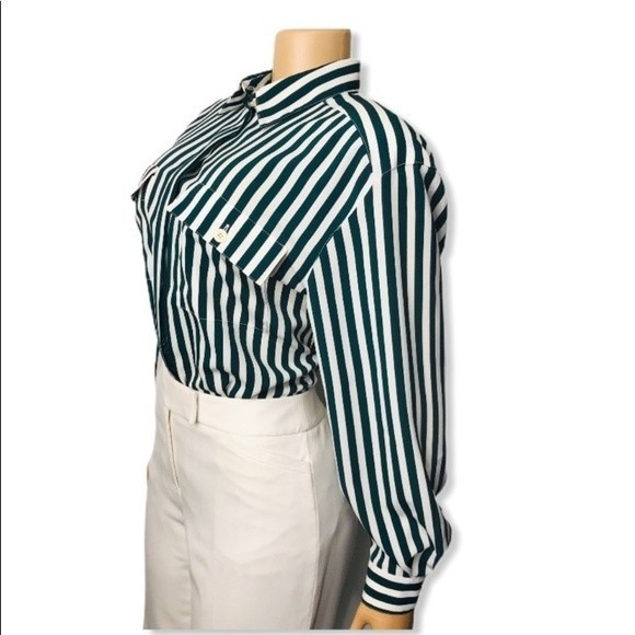 Vintage 90s Chaus Striped Button Down Blouse Emerald Green White size 10 - Picture 9 of 16